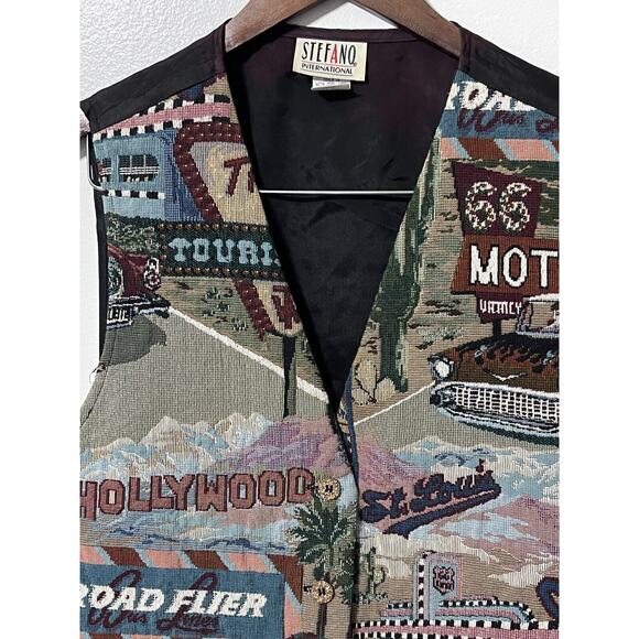 VTG 90s Tapestry Vest Unisex Large Route 66 Hot Rods Hollywood Travel USA - Picture 8 of 14